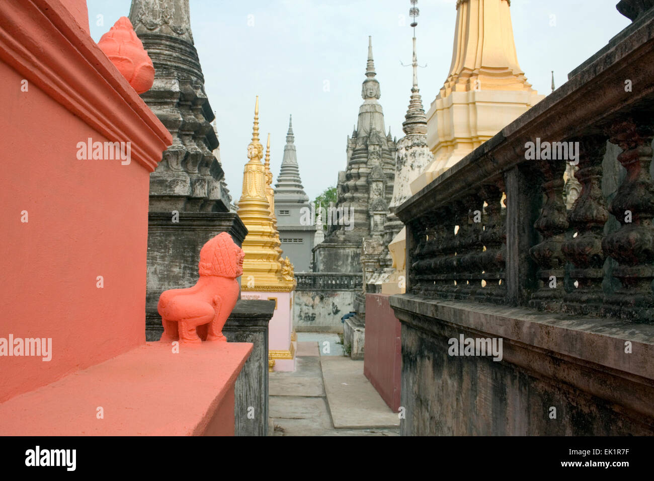 Stupas rise above the remains of deceased Buddhist people at a temple in Kampong Cham, Cambodia. Stock Photo