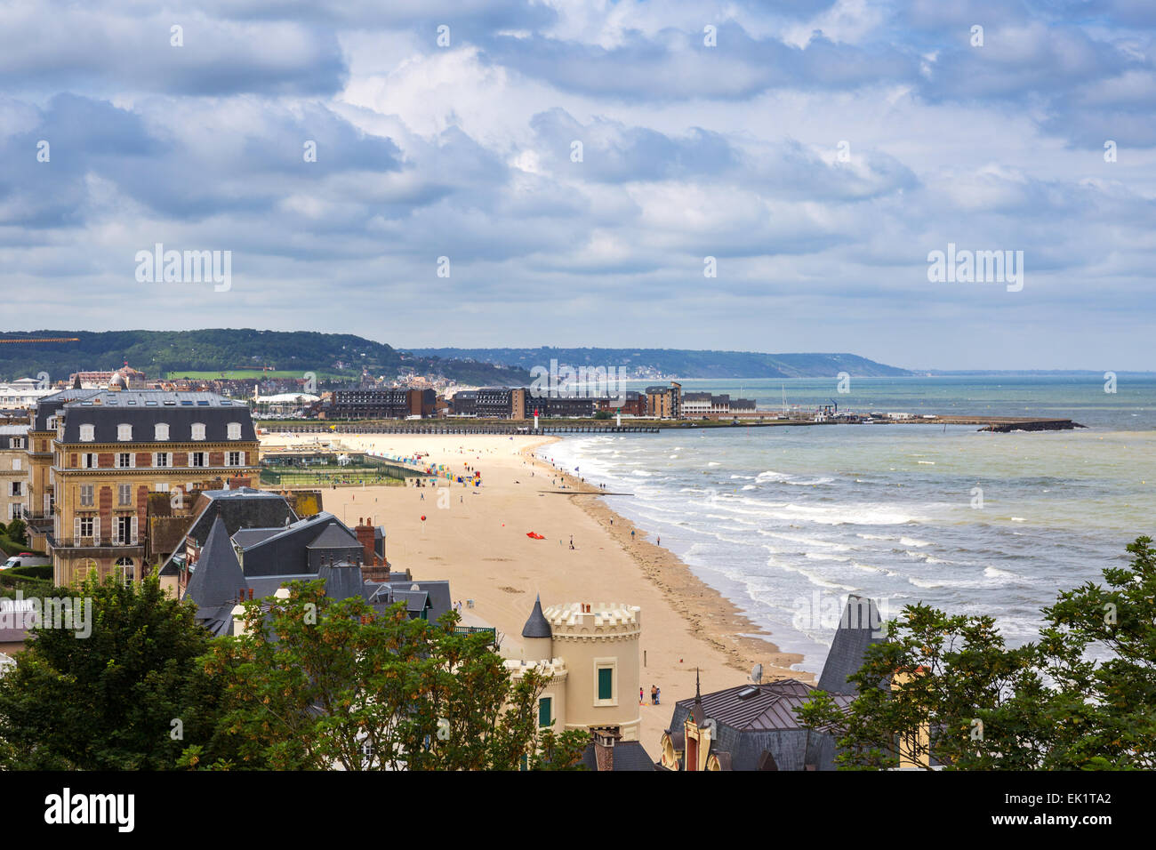 France, Calvados, Trouville sur Mer, view of the buildings and the beach Stock Photo