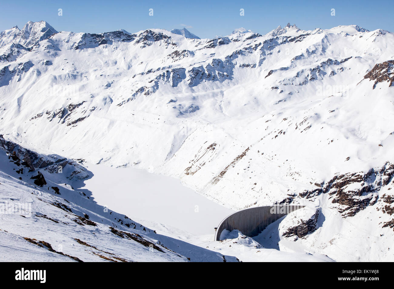 The Moiry Concrete Dam in the Alps in Winter, Switzerland Stock Photo