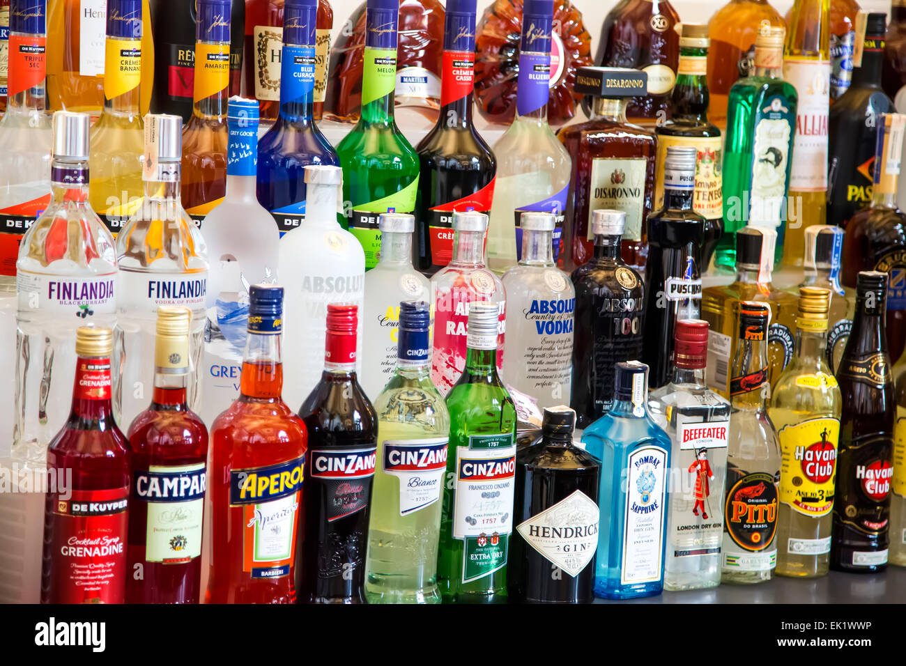Various alcohol bottles in the bar. Stock Photo