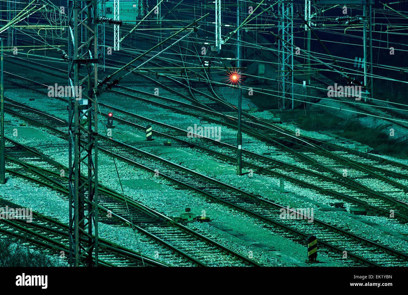 Train boxcars late at night at freight junction in Zagreb, Croatia Stock Photo