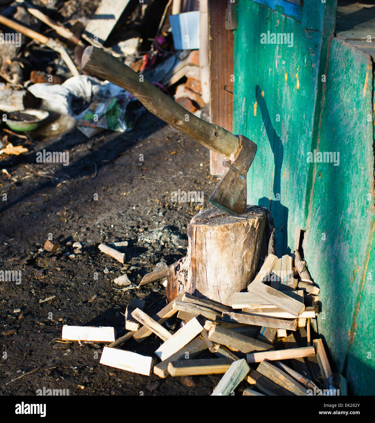 close up of axe in a log Stock Photo
