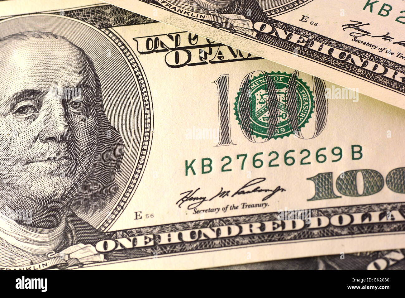 Dollars closeup. Benjamin Franklin portrait on one hundred dollar bill Stock Photo