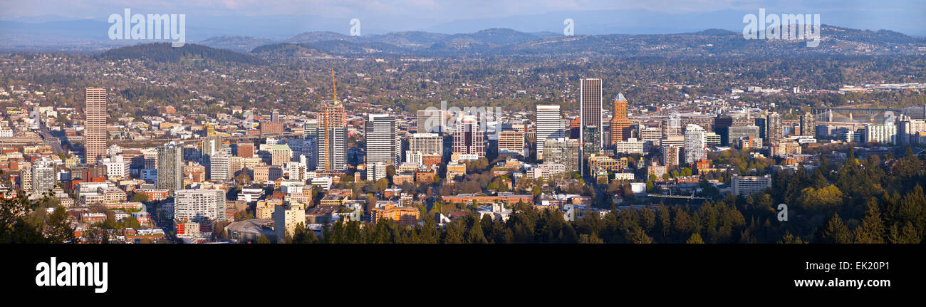 Portland Oregon city panorama from Pittock Mansion. Stock Photo