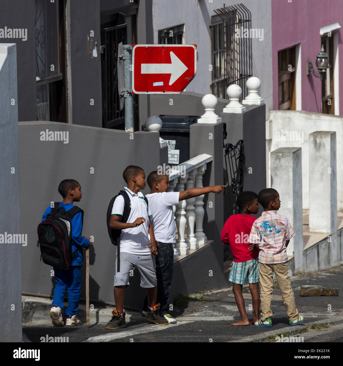 Children in front of houses in BoKaap, the historic Muslim neighborhood in Cape Town Stock Photo