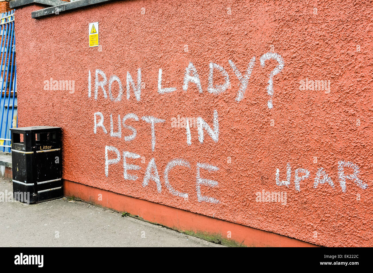 9th April 2013. Following a street party in the area, anti-Thatcher graffiti appears on walls throughout West Belfast. Stock Photo