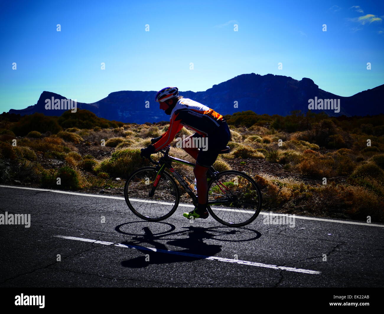 Bicyclist Bicycle Trekker trekking at Mt Teide Parque Nacional del Teide Tenerife island Canary islands Spain Stock Photo