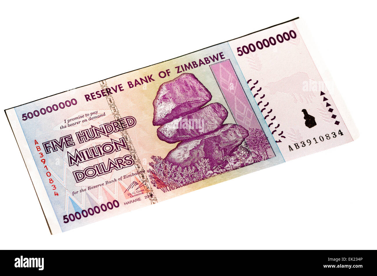 Five hundred million dollar (500,000,000 dollars) bank note from Bank of Zimbabwe, 2009, as a result of hyperinflation. Note: this is now obsolete Stock Photo