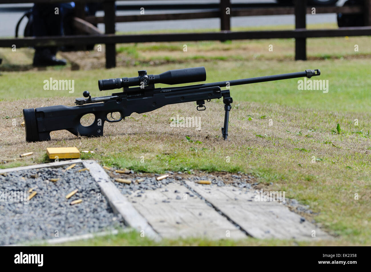 Remington 700P (police version) bolt action rifle with telescopic sights at a shooting range in Northern Ireland during a police training exercise. Stock Photo