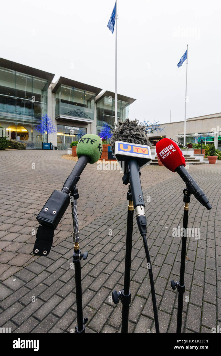 RTE, UTV and BBC microphones ready for a news press conference Stock Photo