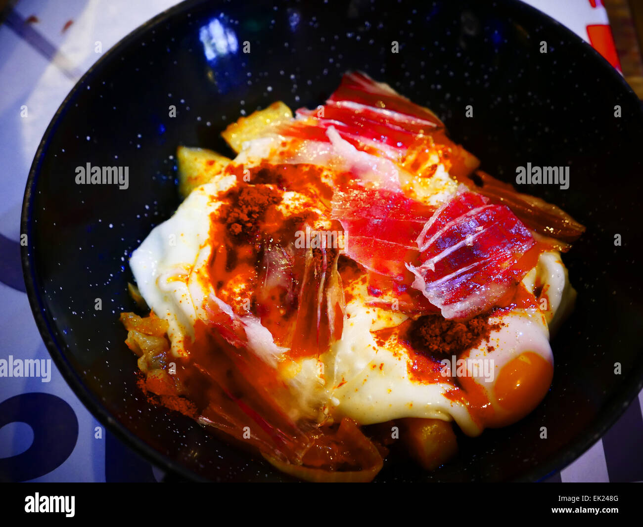 Cooked egg with Serrano Ham Tenerife island Canary islands Spain Stock Photo