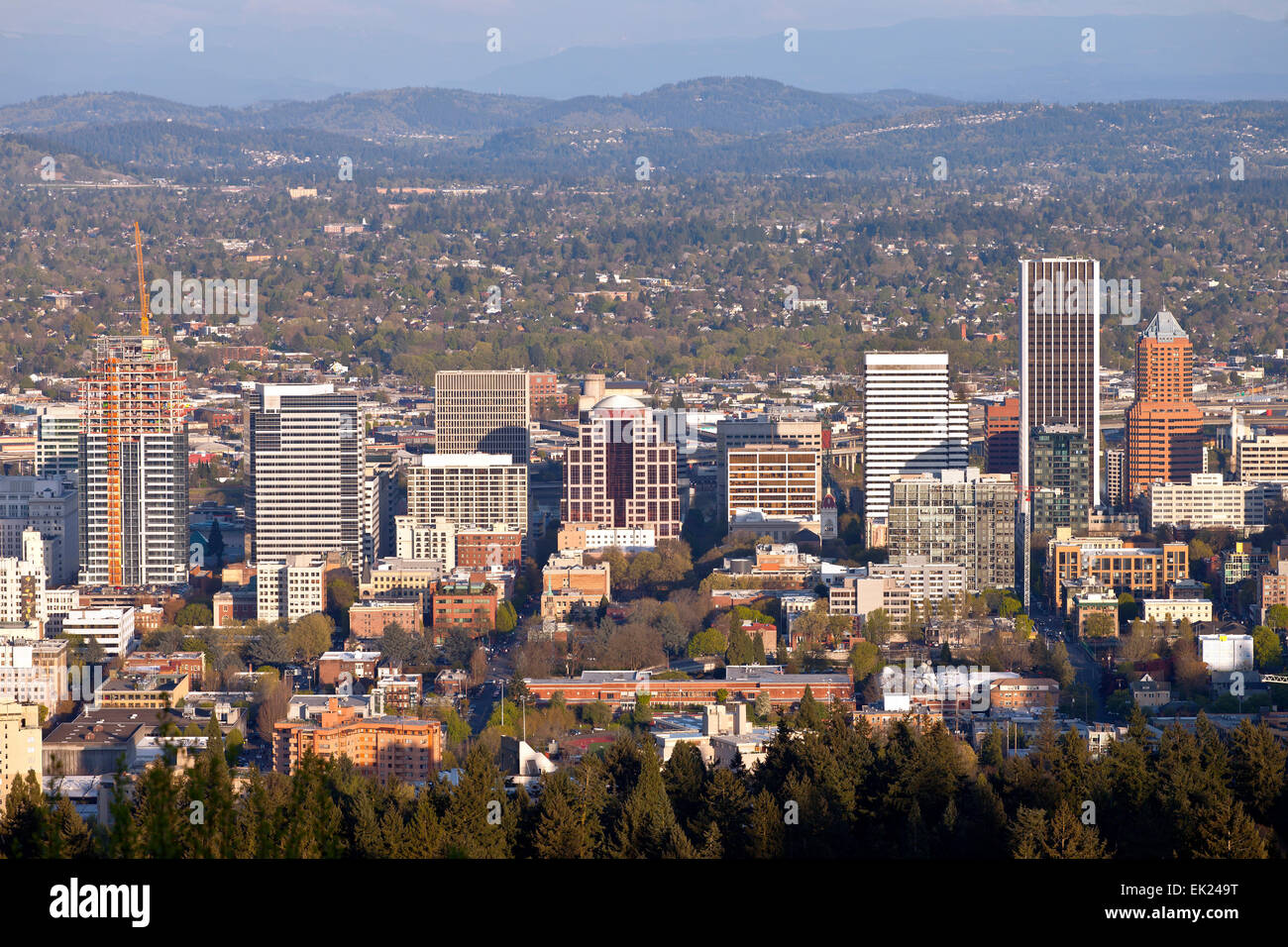 Portland Oregon downtown skyline from Pittock Mansion. Stock Photo