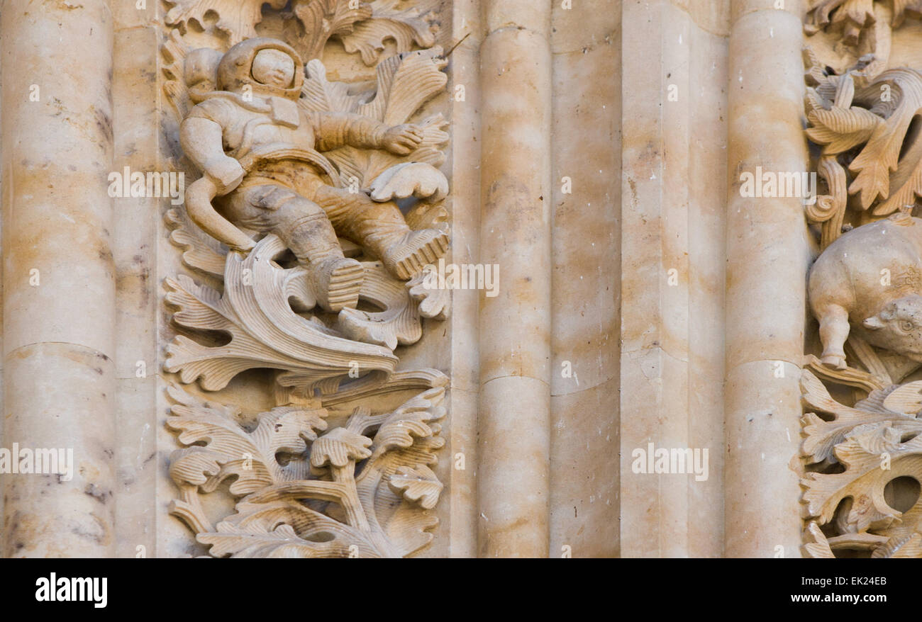 Detail of an astronaut made in stone. Cathedral, Salamanca. Spain Stock Photo