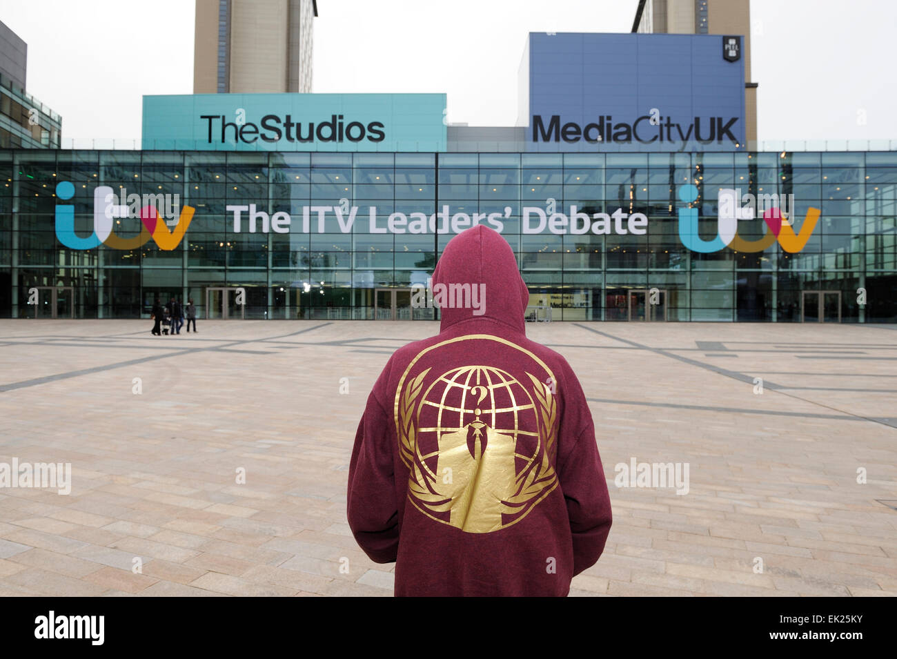 Member of Anonymous stands in front of the ITV Studios in Media City at  Salford Quays during the lITV Leaders Debate Stock Photo - Alamy