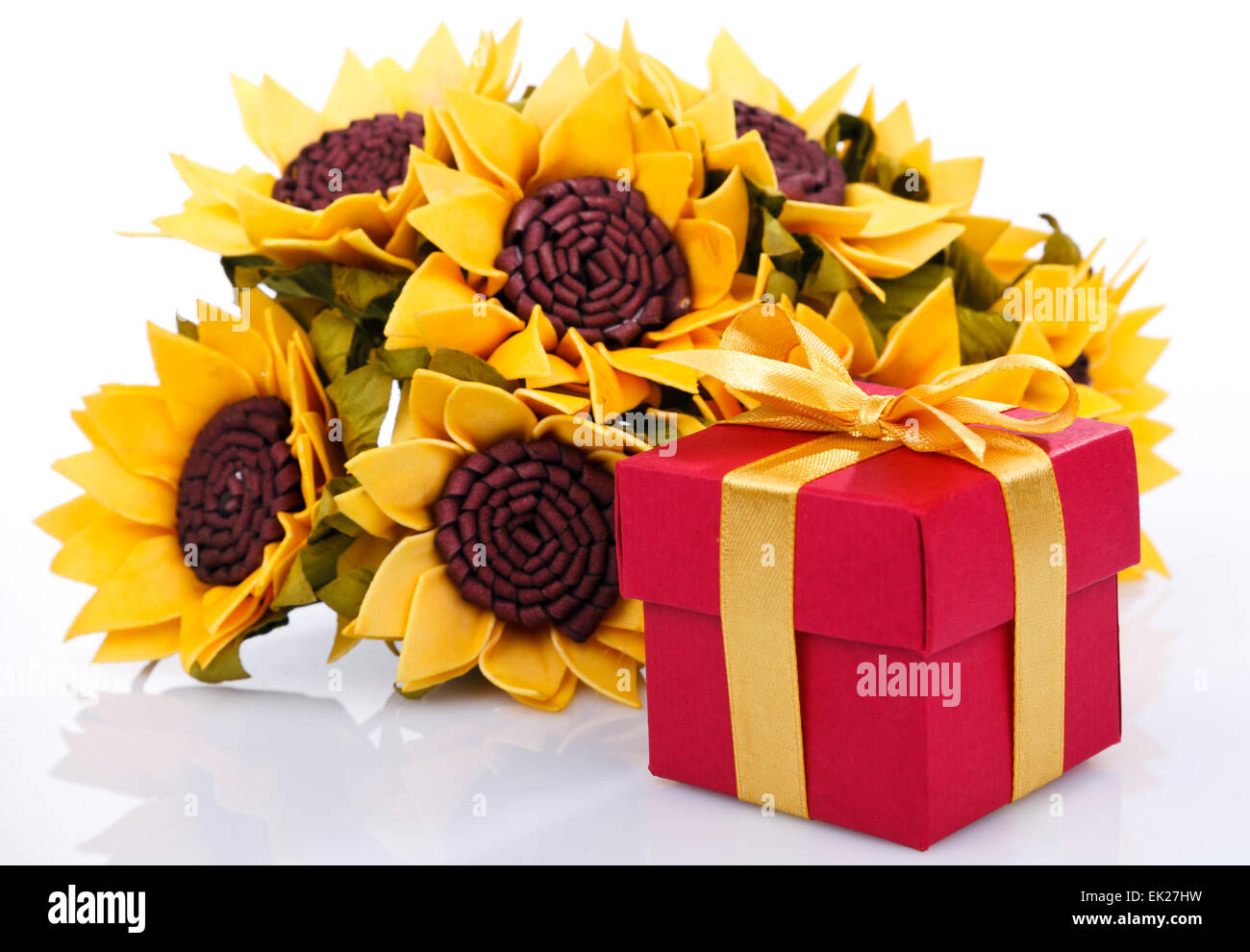 sunflowers and red gift box Stock Photo