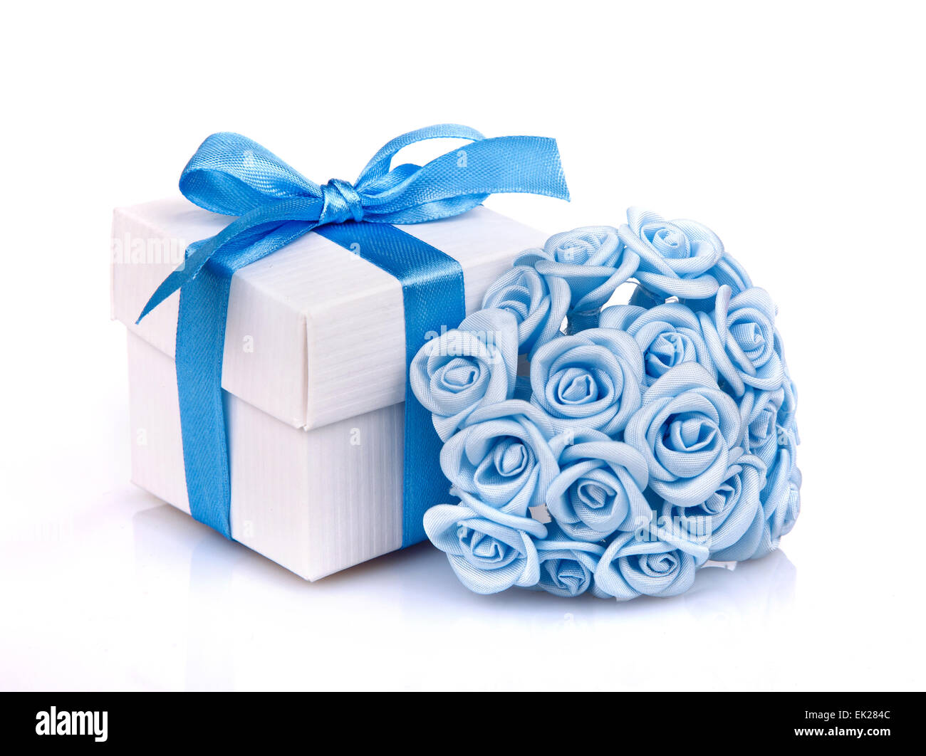 blue flowers and white gift box Stock Photo