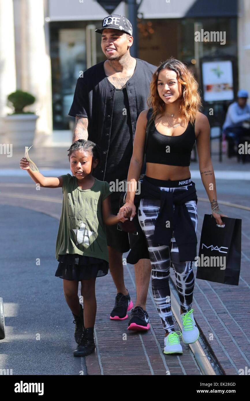 Chris Brown seen with girlfriend Karrueche Tran and friends at The Grove.  They lunched at La Piazza Ristorante then headed for Nordstrom's to shop  before returning to Valet before leaving. Featuring: Chris
