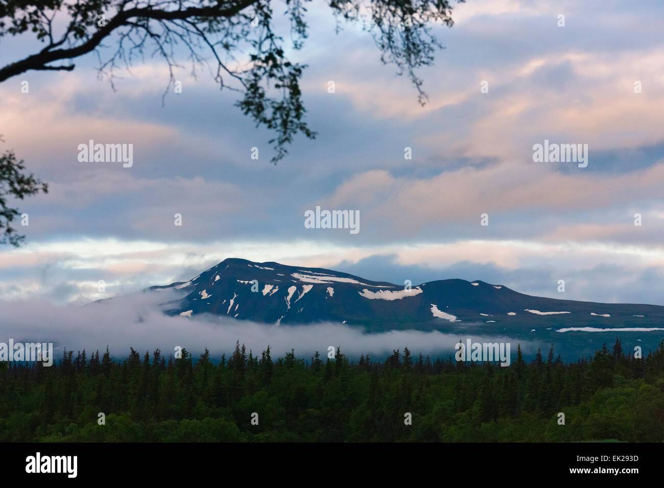 Landscape of snow mountain in morning mist and Nakneck Lake, Katmai National Park, Alaska, USA Stock Photo