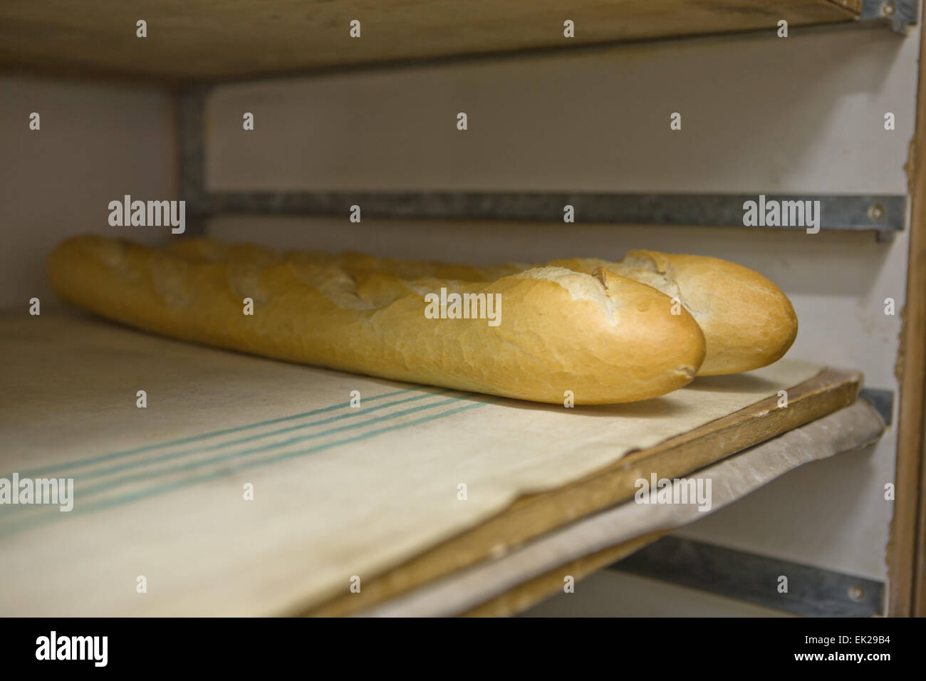 Rows of bread loaves in racks in a bakery. Baguettes, Spain Stock Photo