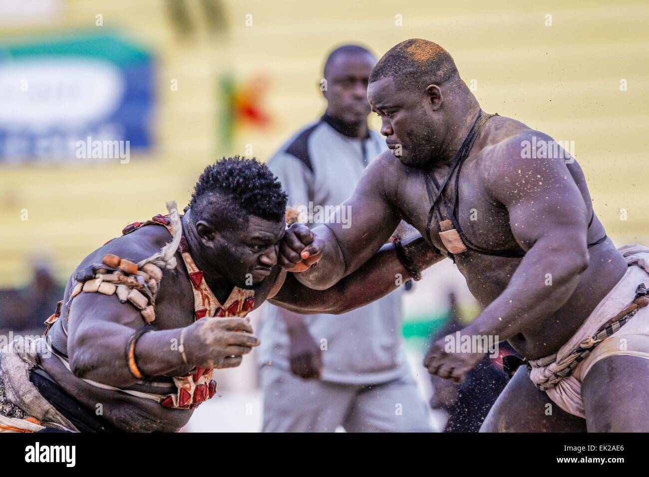 Dakar, Senegal. 5th Apr, 2015. Balla Gaye 2 (L) competes with Eumeu Sene  during the Senegalese traditional wrestling match "Le Choc" at Demba Diop  Stadium, Dakar, capital of Senegal, April 5, 2015.