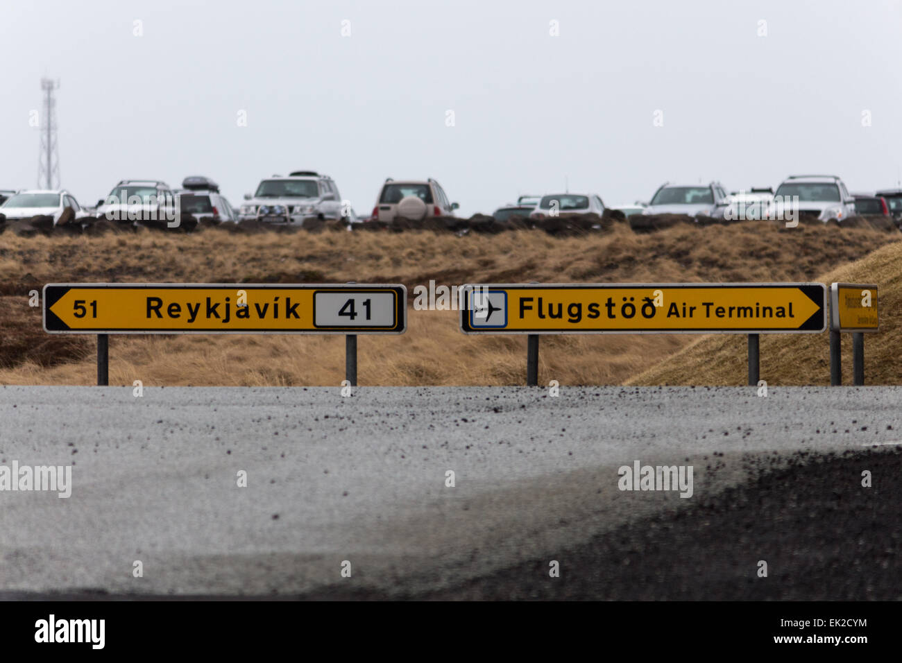 Iceland traffic sign for the airport and Reykjavik Stock Photo