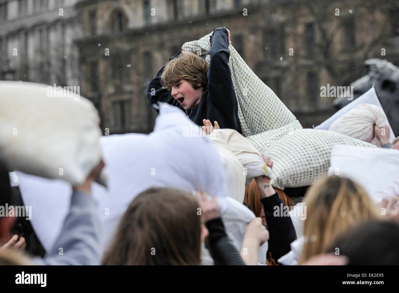 The International Pillow Fight day in Trafalgar Square, London. Stock Photo