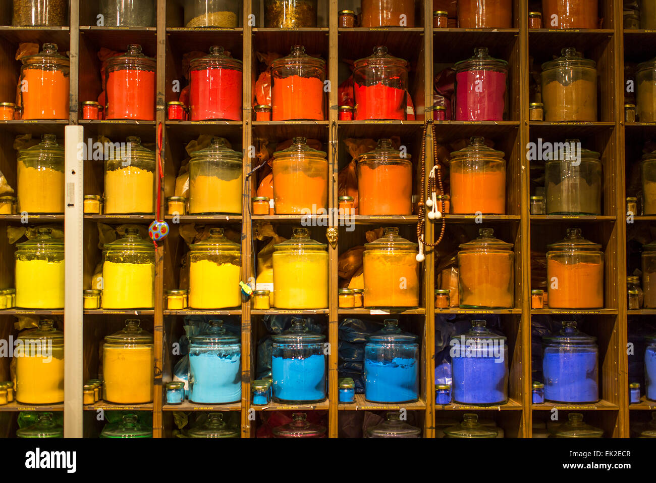 Multicolored Powdered Color Pigment Jars, Venice, Italy Stock Photo
