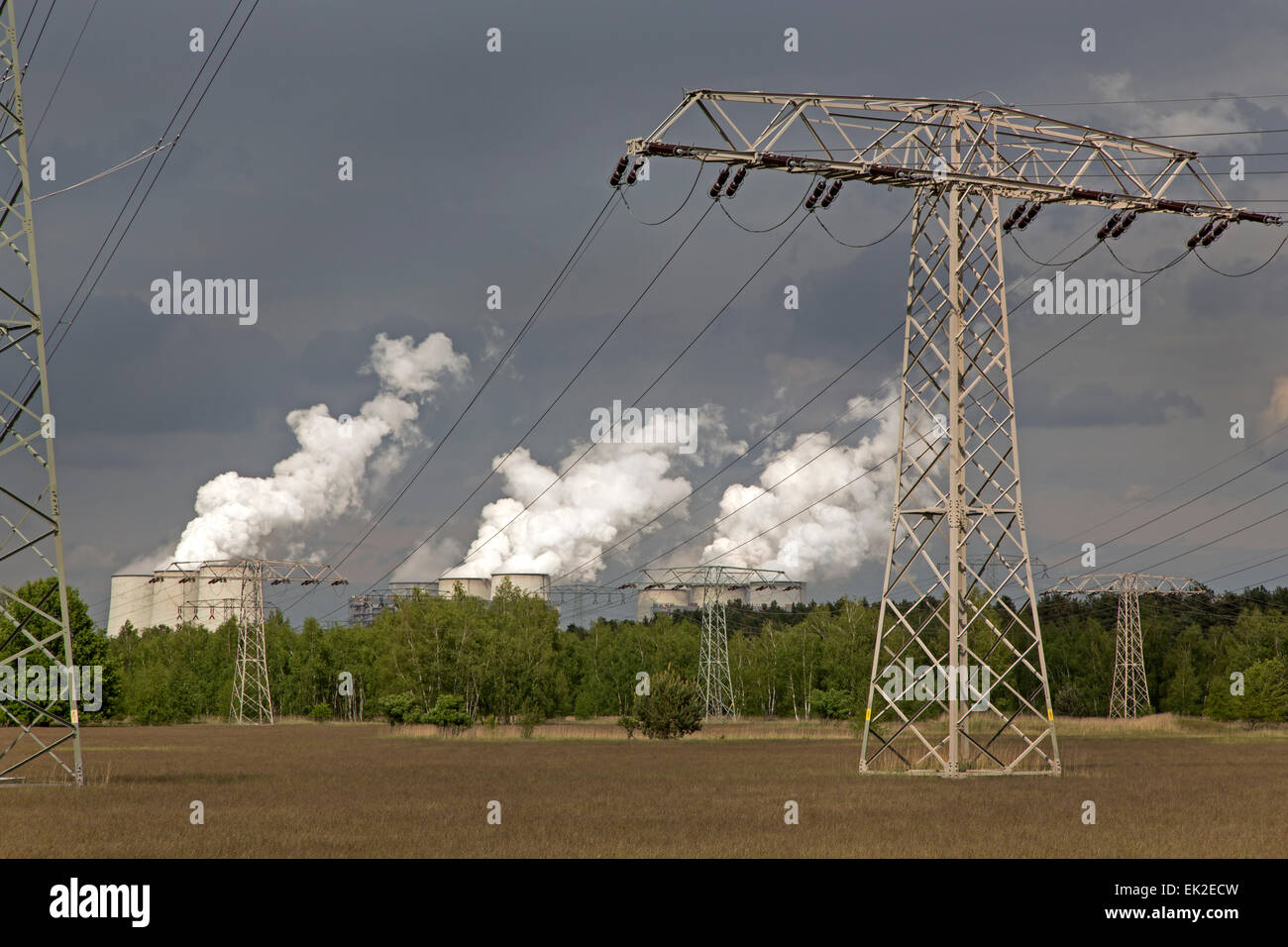 Coal power station with transmission line, Jänischwalde, Lusatia, Brandenburg, Germany, Europe Stock Photo