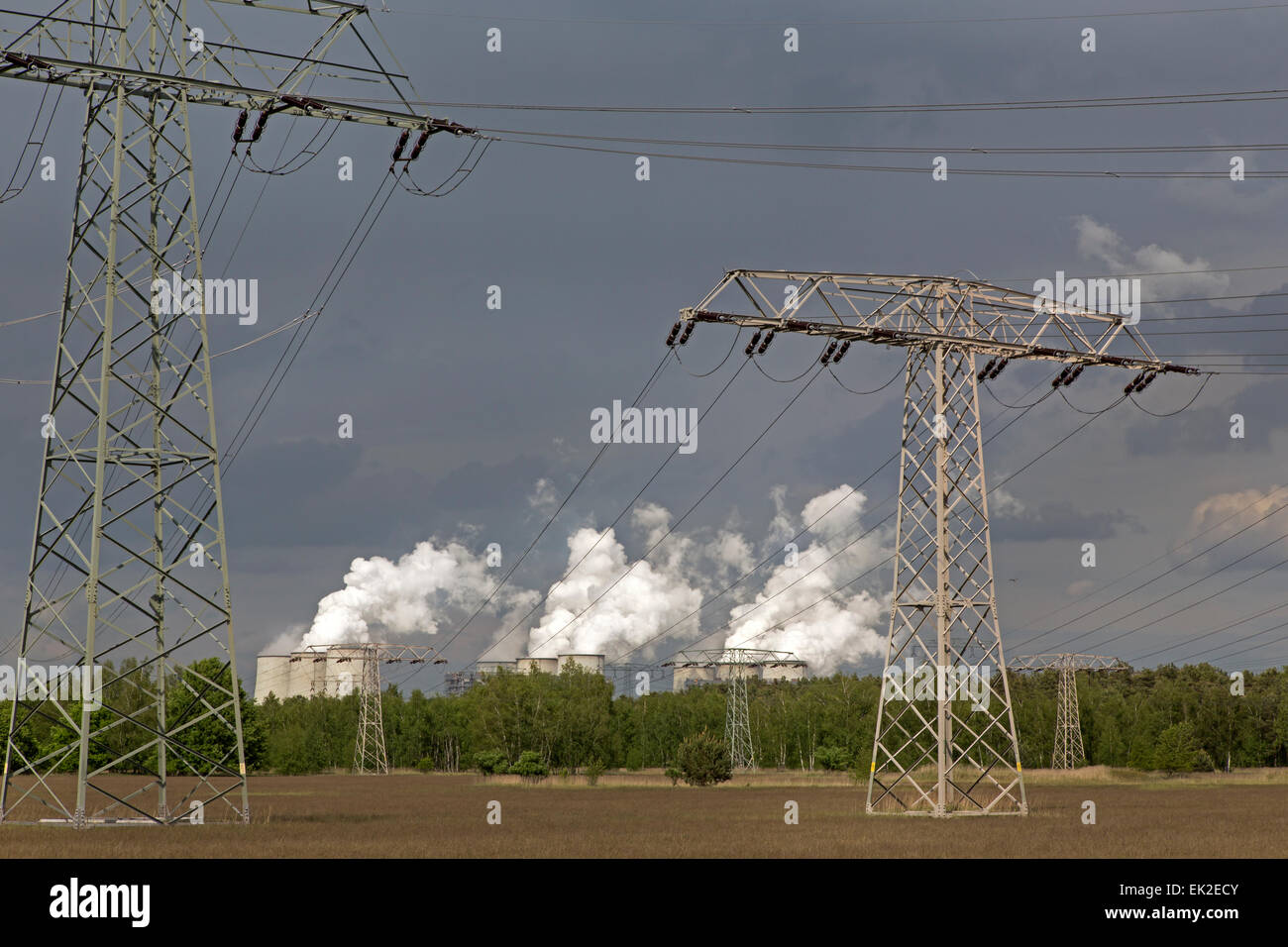 Coal power station with transmission line, Jänischwalde, Lusatia, Brandenburg, Germany, Europe Stock Photo