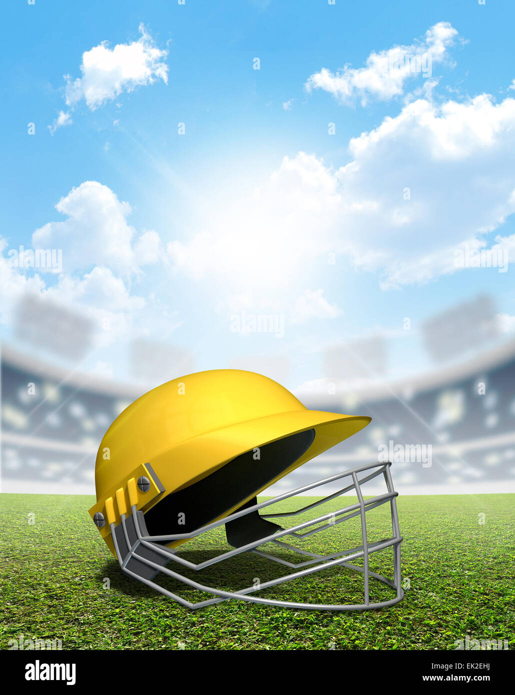 A cricket stadium with a yellow cricket helmet on an unmarked green grass pitch in the daytime
