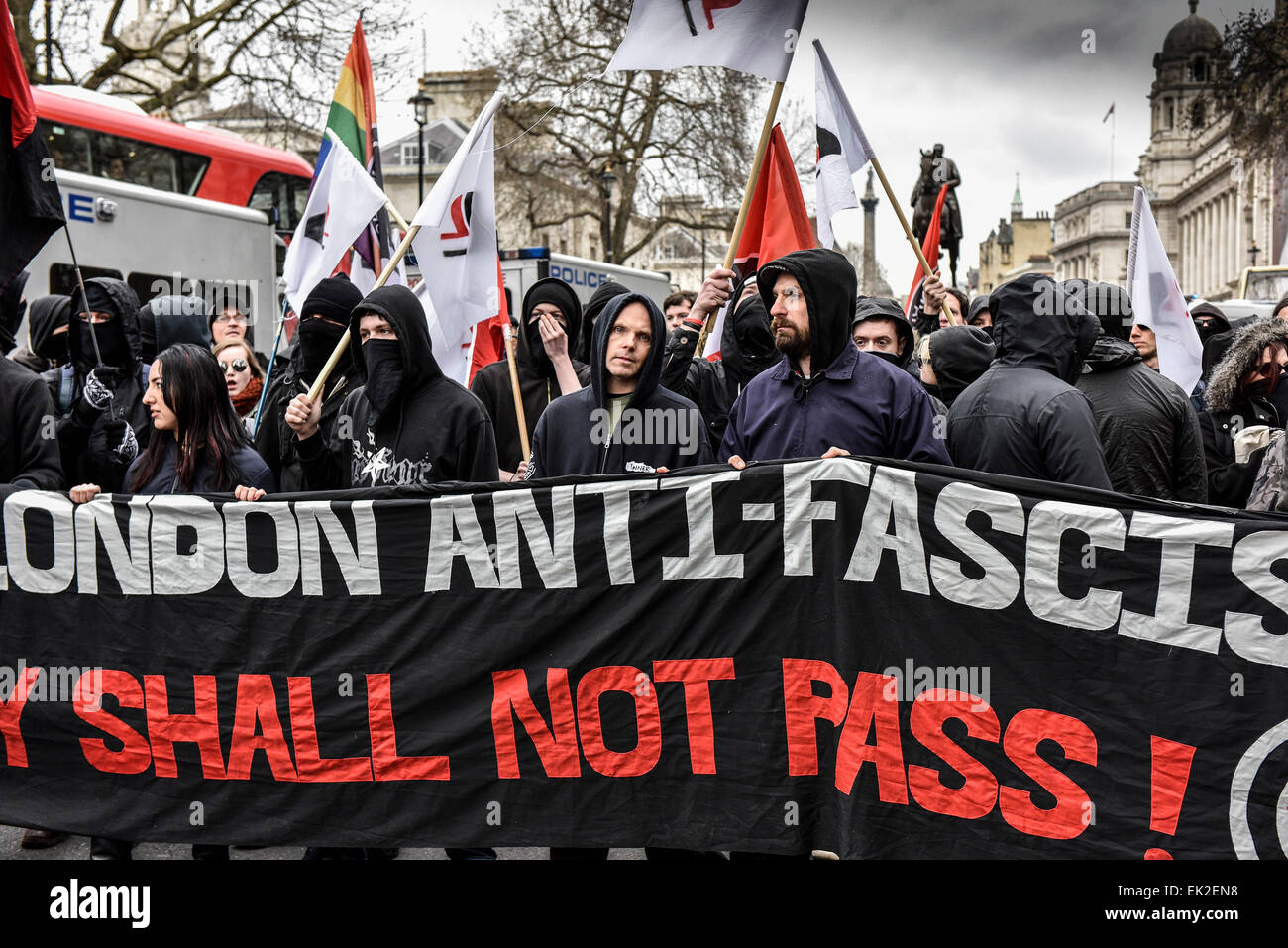 Anti-fascists demonstrating against Pegida in Whitehall in London. Stock Photo
