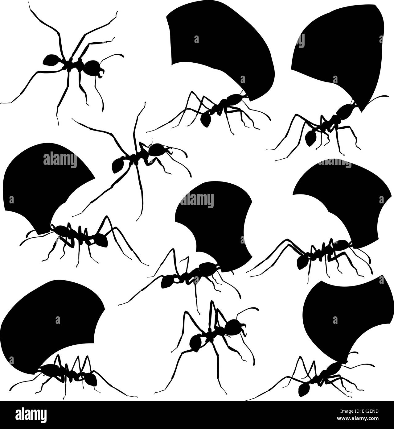 Set of EPS8 editable vector silhouettes of leaf cutter ants with all leaf fragments and ants as separate objects Stock Vector