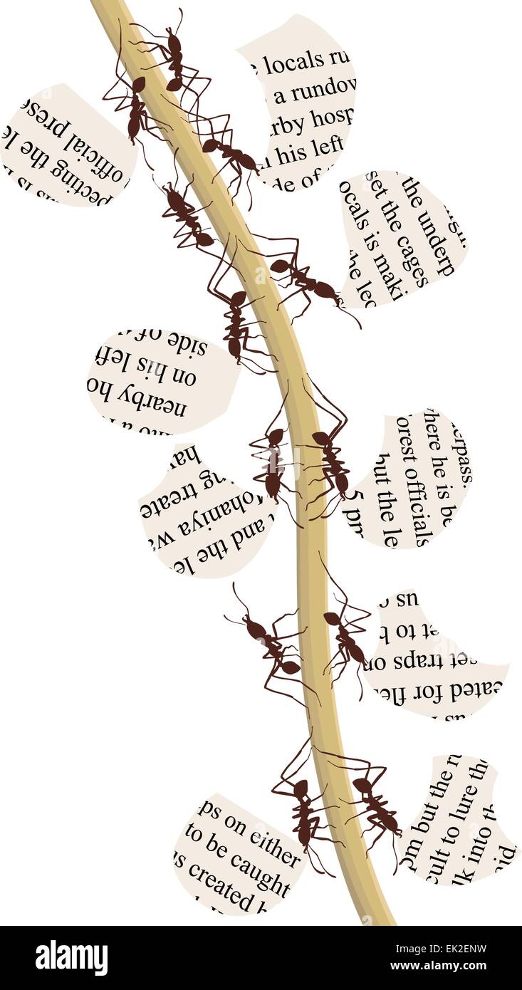 EPS8 editable vector illustration of natural recycling with leaf cutter ants carrying fragments of newspaper Stock Vector