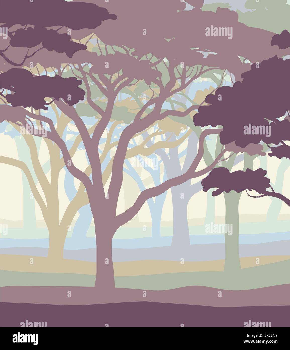 EPS8 editable vector illustration of an open acacia woodland in pastel colors Stock Vector
