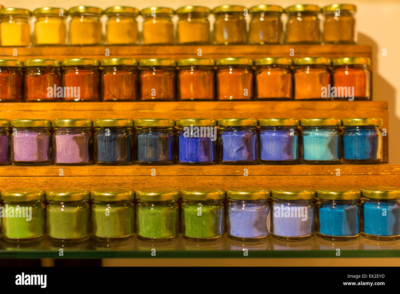 Multicolored Powdered Color Pigment Jars, Venice, Italy Stock Photo