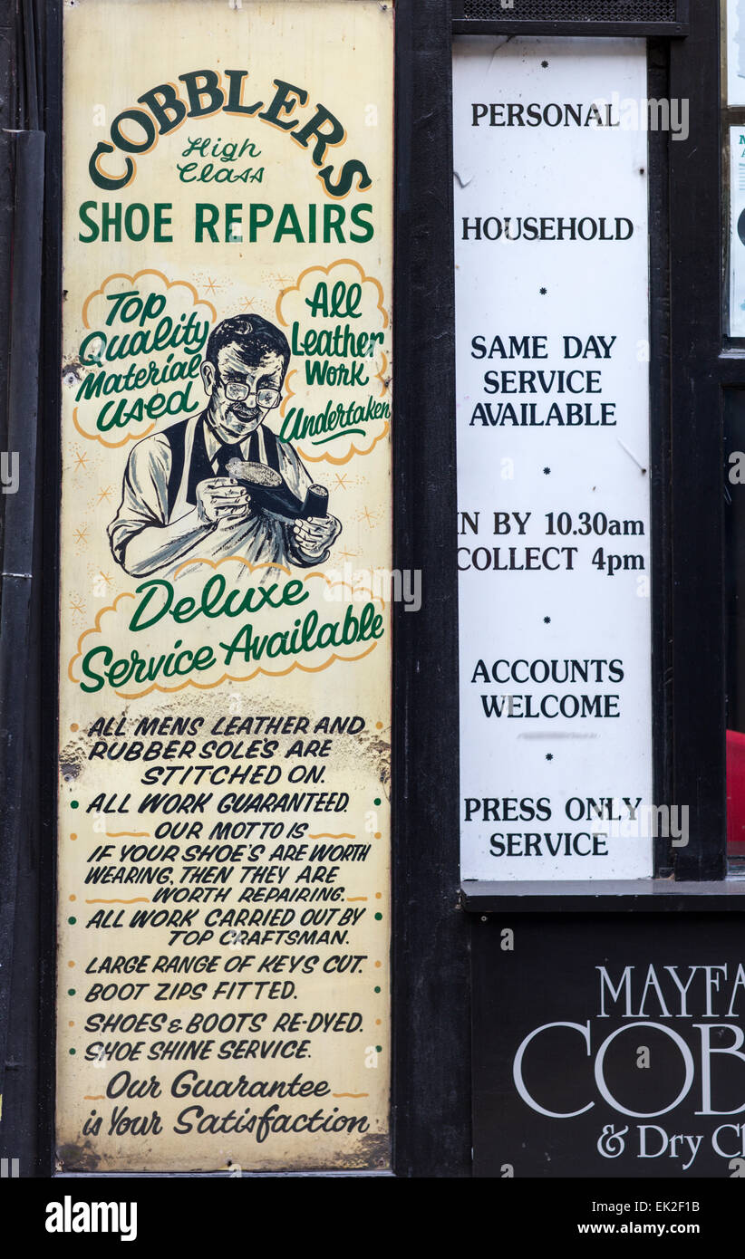 Vintage Cobbler's Shop Sign, Mayfair, London Stock Photo