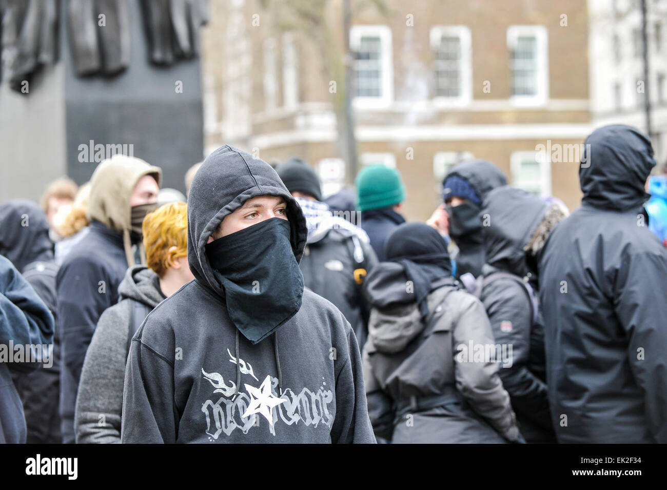Black Bloc Anti-fascists demonstrating against Pergida in Whitehall. Stock Photo