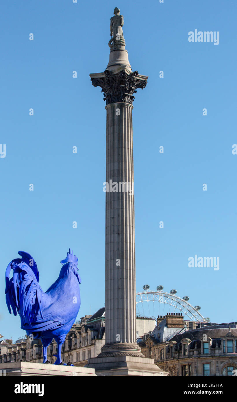Nelson's Column, Blue Rooster Statue, London Eye, London Stock Photo