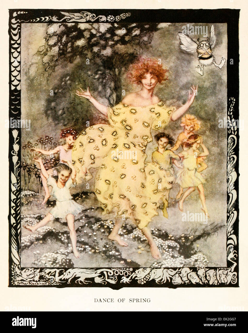 Dance of Spring - Illustration by Arthur Rackham (1867-1939) from ‘Snickerty Nick and the Giant' by Julia Ellsworth Ford (1859-1950). See description for more information. Stock Photo
