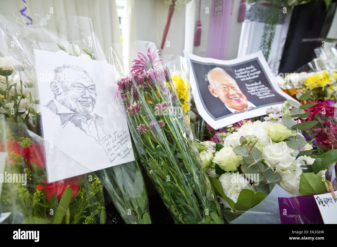 SINGAPORE - MARCH 24:Floral tributes dedicated to the late Mr Lee Kuan Yew, former prime minister of Singapore. Stock Photo