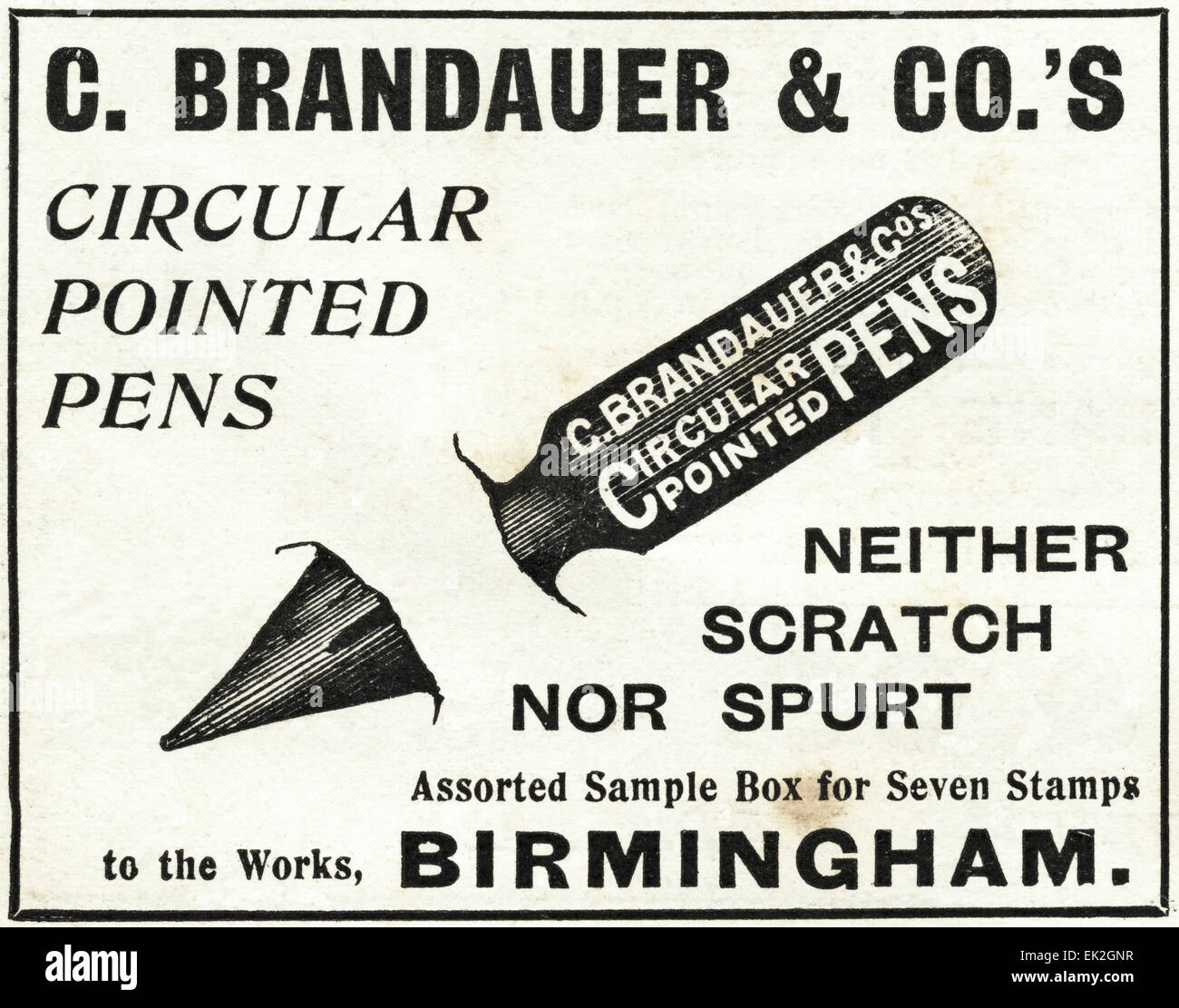 1900s Victorian advertisement magazine advert November 1900 circular pointed pens by C Brandauer & Co of Birmingham Stock Photo