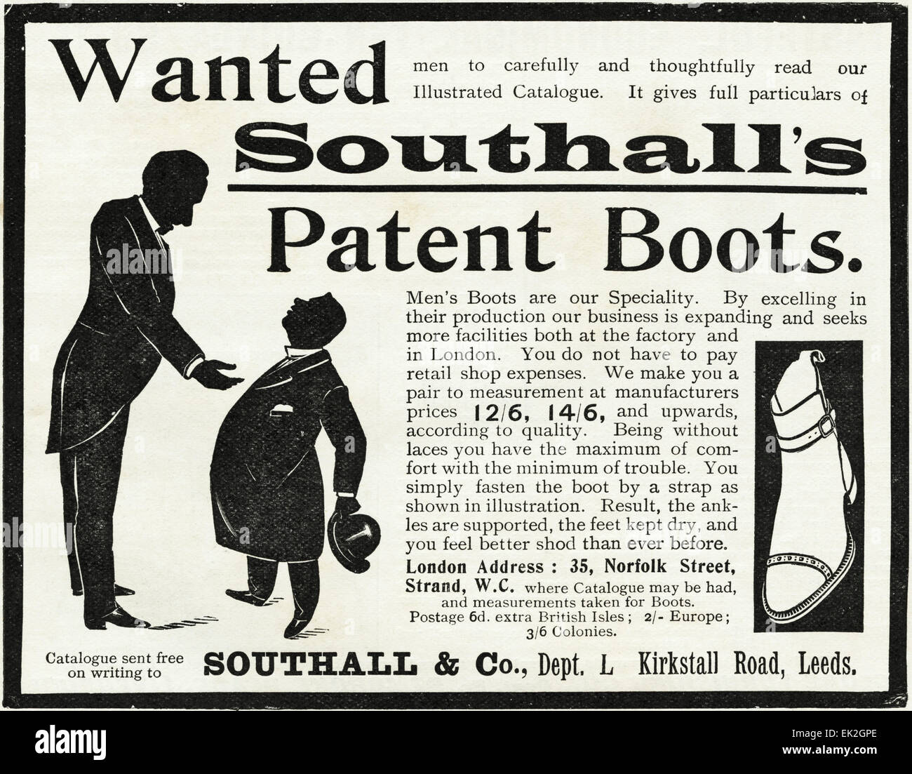 1900s Victorian advertisement magazine advert November 1900 Men's boots by Southall & Co of Kirkstall Road Leeds Stock Photo
