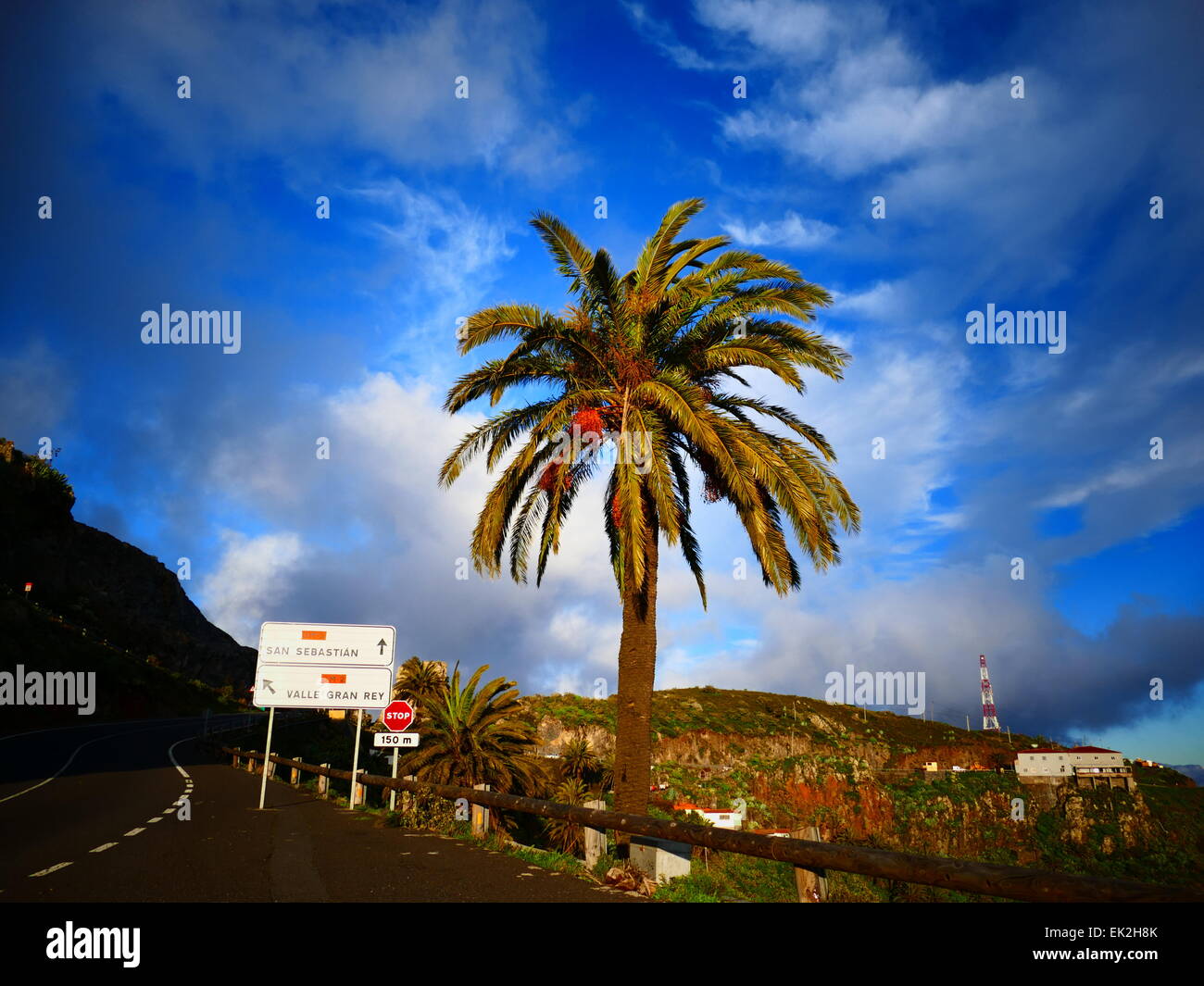 Road sign San Sebastian Valle Gran Rey La Gomera island Canary Islands Spain Stock Photo