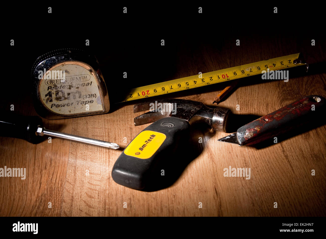 Assorted Tools on a wooden workbench Stock Photo