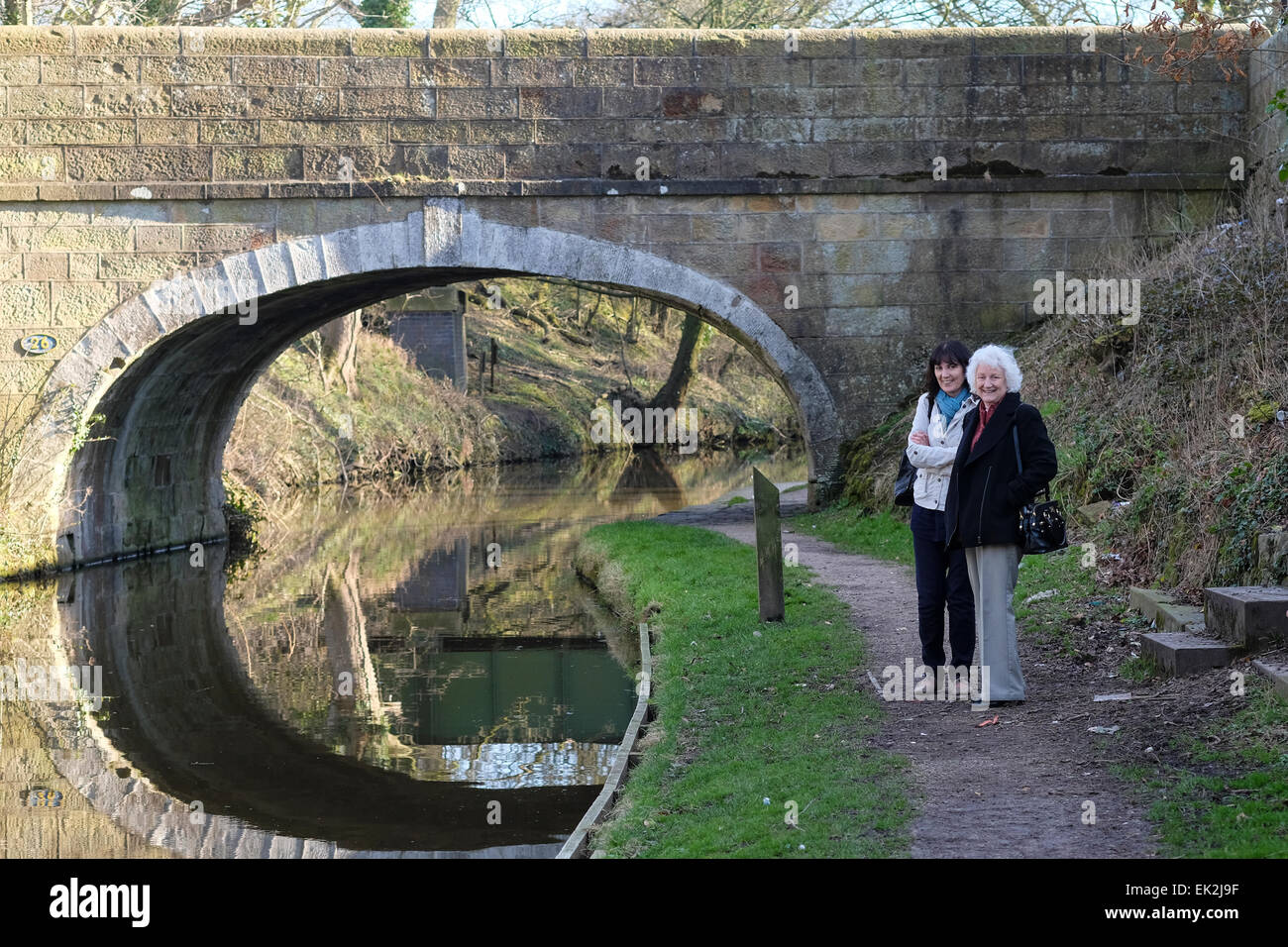 Two women talking and smiling on a Canal Path Stock Photo