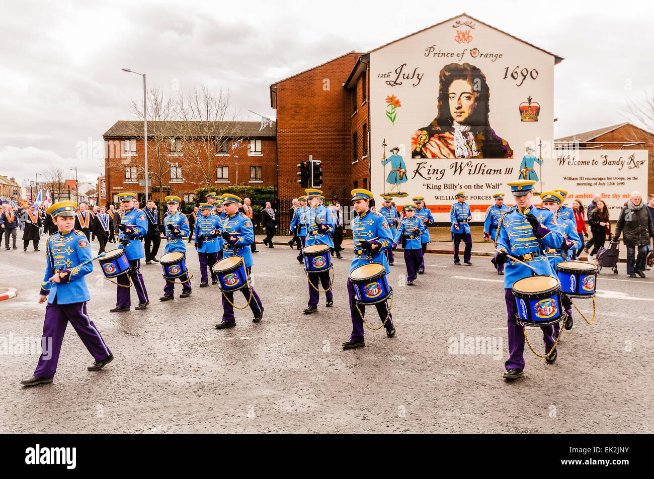 Belfast, Northern Ireland. 1st March 2014 A flute band marches past