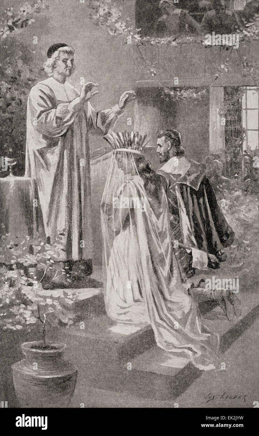 The marriage of Pocahontas and John Rolfe in 1613.  John Rolfe, 1585–1622.  Early English settler of North America.  Pocahontas Matoaka, 1595-1617. Algonqiuan Indian princess. Stock Photo