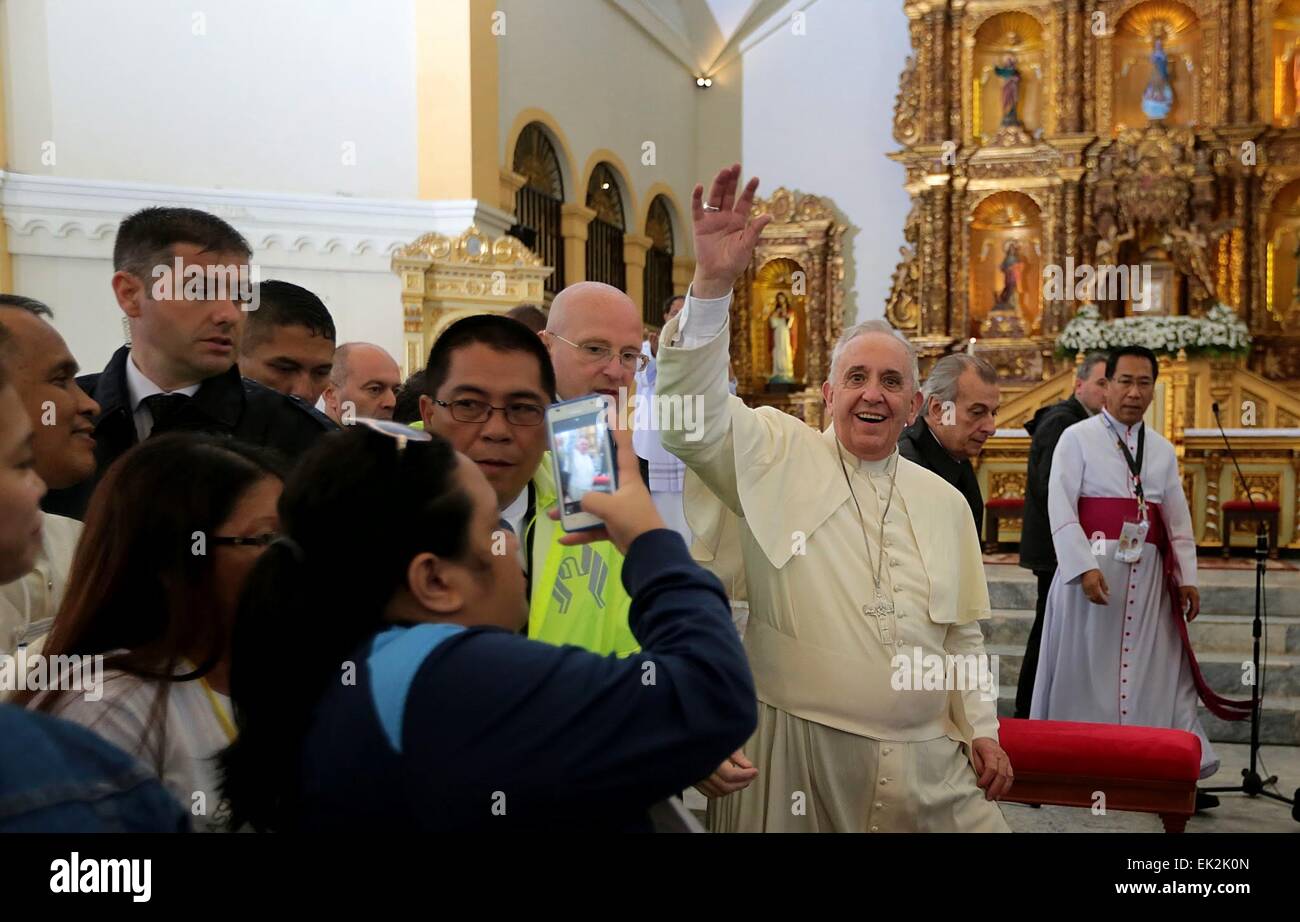 Pope Francis during a visit to Palo Cathedral January 17, 2015 in Palo, Leyte Province, The Philippines. The Pope shortened visit to the province due to a typhoon in the area. Stock Photo