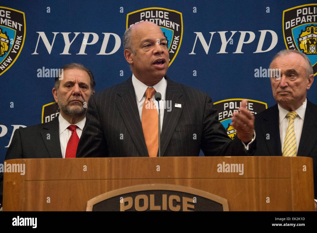 US Secretary of Homeland Security Jeh Johnson along with NY Police Commissioner William Bratton and other leaders holds a press conference to announce nine preparedness grant programs totaling more than $1.6 billion April 2, 2015 in New York City, NY. Stock Photo