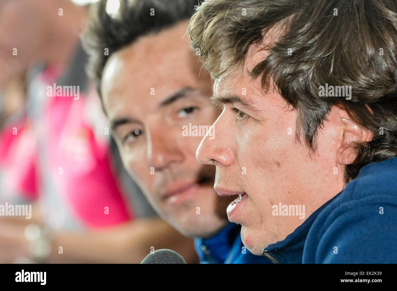 Belfast, Northern Ireland. 7 May 2014 - Joaquim Rodriguez looks on while Rigoberto Uran answers a question at the press conference to launch the Giro d'Italia cycle race Stock Photo